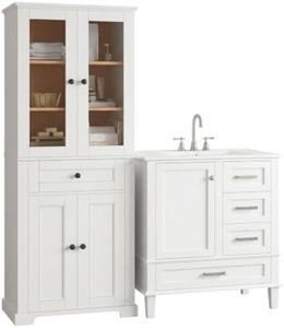 BosomHug Storage Cabinet 30 Inch Wide 80 Inch Tall Freestanding Bathroom Vanity Linen Cabinet with Glass Doors and Adjustable She