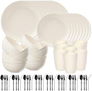 Quatish 64 Piece Plastic Plates and Bowls Sets for 8, Dinnerware Sets Beige