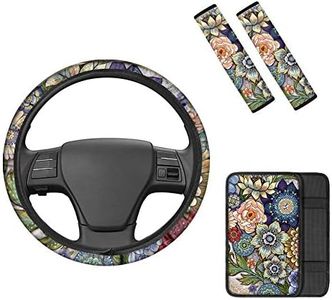 TOADDMOS 4 Pieces Decorative Boho Floral Car Accessories Set,Universal Steering Wheel Cover Floral,Center Console Pad,Comfortable Auto Seatbelt Protectors for Women Ladies