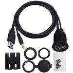 Duttek USB&3.5mm Panel Flush Mount Cable, USB 3.0 & 3.5MM Male to Female AUX Extension Mount, Dash Mount, Flush Mount, Panel Mount Cable, for Car, Boat, Motorcycle 1M/3.3FT