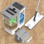 Mop and Bucket Set with AUTO Pump, 3-Zone Separate Dirty and Clean Water, Flat Mop and Bucket System with Wringer and Wheels, 4 Reusable Microfiber Pads, One-Touch Water Filling for Home Cleaning