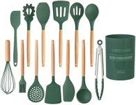 Country Kitchen Non Stick Silicone Utensil Set with Rounded Wood Handles for Cooking and Baking, 14 Piece Set, Green