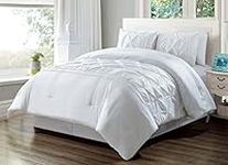 Grand Linen 3 Piece Queen Size Solid White Double-Needle Stitch Puckered Pinch Pleat Stripe All-Season Bedding-Down Alternative Comforter Set