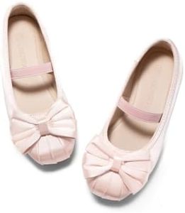 Coutgo Girls Dress Shoes Bow Ballet Flats Satin Square Toe Mary Jane Shoes