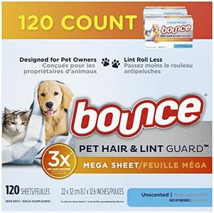 Bounce Pet Hair and Lint Guard Mega Dryer Sheets for Laundry, Fabric Softener with 3X Pet Hair Fighters, Unscented, Hypoallergenic, 120 Count