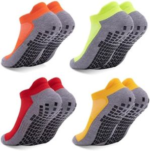 LIFPAU Men’s Non Slip Socks with Grips Yoga Pilates Anti Skid Athletic Ankle Gym Home Thick Cushioned Socks 4 Pairs(Orange/Fluorescent Green/Red/Yellow,XL)