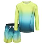 Boys Swim Set Long Sleeve Swim Top Kids Two Piece Swimming Costume with Board Shorts Boys Rash Guard Swimsuit Age 13-14 Years