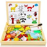 COOLJOY 100+ PCS Wooden Magnetic Puzzle, Magnetic Puzzle Board, Cute Pets Pattern Games Double Sided Jigsaw, Educational Drawing Easel Blackboard Wood Toys For Kids Up 3 Years Old Imagination