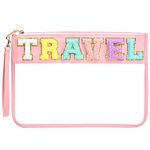 GINOYA Preppy Makeup Bag, Hanging Travel Toiletry Bag Patch Flat Pouch with ”Travel“ Letter for Cosmetic Travel (Pink)