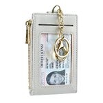 Women & Men Leather RFID Blocking Card Holder Slim Small Zipper Keychain Front Pocket Wallet with 2 ID Window, Grey