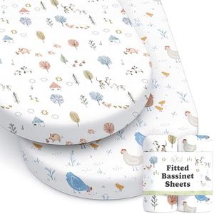 Baby Bassinet Sheets for Boy, Girl (Farm Animals) 2-Pack - Fitted Bedside Bassinet Sheets - Buttery Soft Cotton Blend for Standard Mattress Pad - Compatible with Halo BassiNest