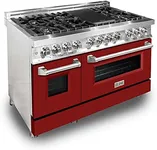 ZLINE 48 in. 6.0 cu. ft. Legacy Dual Fuel Range with 7 Burner Gas Cooktop and 2 Electric Ovens in Stainless Steel and Red Matte Doors (RA-RM-48)