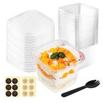 100Pack Square Dessert Cups with Lids 12 oz, Disposable Cake Containers Plastic Yogurt Parfait Fruit Cups with Sporks and Thank-you Stickers for Desserts, Appetizers, Puddings, Oats, Mousse