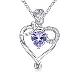 NINAMAID 925 Sterling Silver Necklaces for Women Heart Necklace Birthstone Necklace Chain with Rose Flower Womens Jewelry Christmas Gifts for Women Her