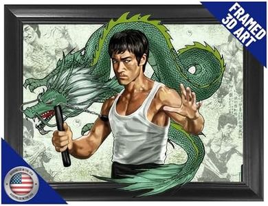 Bruce Little Dragon Lee 3D Poster Wall Art Decor Framed Print | 14.5x18.5 | Green Dragon Posters & Pictures | Photo Memorabilia Gifts for Guys & Girls Bedroom