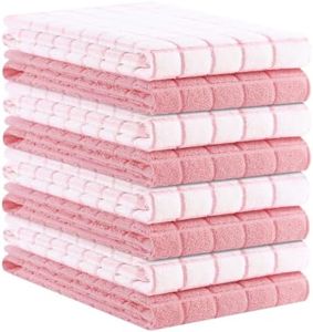 Kitinjoy Premium Kitchen Towels (16"x 28", 8 Pack), Large 100% Cotton Terry 390 GSM Kitchen Hand Towels, Ultra Absorbent Check Design Tea Towels Set with Hanging Loop, Pink