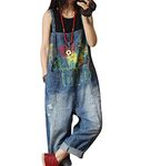 YESNO Women Loose Fit Denim Dungarees Casual Printed Baggy Jumpsuit Distressed Long Wide Leg Overalls Jeans Pants Trousers P60UK DENIMBLUE XL