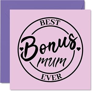 Biglietto di compleanno per la mamma, con scritta in lingua inglese "Best Bonus Mum Ever", divertente biglietto di auguri di compleanno da figliastra figlio, 145 mm x 145 mm, per la festa della mamma,