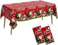 Merry Christmas Tablecloth Plastic 2 Pack Disposable Christmas Table Cloth Rectangle Christmas Tree Santa Snowman Snowflakes Tablecloths Xmas Table Cover for Winter Holiday Christmas Party 54x108 Inch