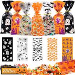 Halloween Treat Bags, 200pcs Halloween Candy Bags for Trick or Treat, Halloween Cellophane Goodie Bag, Halloween Bags with Twist Ties For Halloween Party Favors