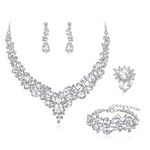 BriLove Bridal Jewellery Set for Wedding Women Austrian Crystal Teardrop Cluster Statement Necklace Dangle Earrings Link Bracelet Adjustable Ring 4Pcs Jewelry Set for Women Clear Silver-Tone