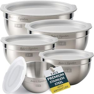 Baker's Signature Stainless Steel Mixing Bowls With Lid, Metal Mixing Bowl Set Of 5, Nesting Set For Food Prep, Baking,Storage, Cooking, Serving | Dishwasher Safe, 0.5/1.5/3/4/5 Qt