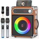 JYX Karaoke Machine with Two Wireless Microphones, Portable Bluetooth Speaker with Bass/Treble Adjustment, Remote Control and LED Lights, Supports TF Card/USB, AUX IN, FM, REC for Party