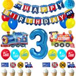 Train 3st Birthday Decorations Boys Train, 3 Years Old Birthday Party Supplies With Number 3 Foil Balloons Train Birthday Banner,Latex Balloons, Cake Topper, For Kids Train Birthday Party Decoration