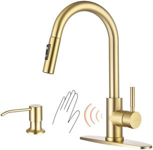TOYWIA Touchless Kitchen Faucets with Pull Down Sprayer and Soap Dispenser, Brushed Gold Smart Motion Sensor Stainless Steel Sink Faucet, 1 or 3 Hole Deck Plate Mount for RV, Bar, Outdoor