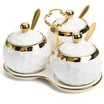 ZENFUN Set of 3 Ceramic Condiment Pots with Trays, Condiment Jars Containers with Lids and Spoons, Porcelain Sugar Salt Bowls Set, White Spice Seasoning Box for Restaurant, Counter, Home