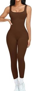 OLCHEE Womens Workout Rompers Jumpsuits Seamless Ribbed Yoga Gym One Piece Sleeveless Square Neck Tank Top Leggings Unitard, Brown, Small