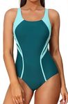 beautyin Women's Athletic One Piece Swimsuits Tummy Control Bathing Suits Slimming Sports Swimwear, Green/Navy/Adjustable Strap, Medium