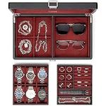 Vlando Watch Box, Textured Leather Mens Jewellery Box with 6 Slots Watch Case, 2-Tier Lockable Watch Storage,Velvet Lining, Gifts for Loved One, (Black+Red Lining)
