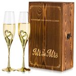 Inweder Champagne Flutes Glasses Wedding: 2Pcs Personalised Champagne Flute with Wooden Gift Box Crystal Prosecco Glass Gold Gift Set for Wedding Engagement Toasting Anniversary Party Bridal Showers