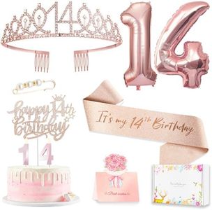 14th Birthday Decorations for Girls, 14th Birthday Sash and Crown, Pop Up Card, Cake Topper, Number Candles and Balloons, 14 Year Old Gifts for Girls