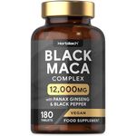 Maca Root Capsules 12,000mg | Black Maca Complex with High Strength Black Maca, Panax Ginseng, Yellow Maca & Black Pepper | 180 Vegan Tablets | by Horbaach