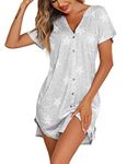 Ekouaer Sexy Gown Sleep Dress for Women Night Shirt V Neck Button Nightgown Star Short Sleeve Nightdress