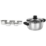 Amazon Brand - Solimo Stainless Steel Tope Set (5 Pieces, 425ml, 550ml, 850ml, 1250ml and 1500ml, in & Stainless Steel Induction Bottom Dutch Oven with Glass Lid (20cm, 3250ml) Combo