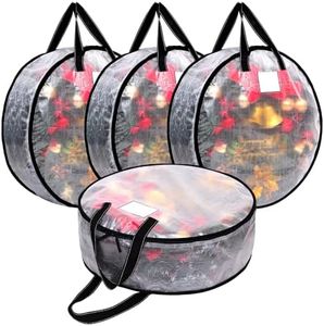 Dntorx 4 Pack Clear Christmas Wreath Storage Container, 30 x 8 Inch Wreath Storage Bag with Sturdy Handle and Dual Zip