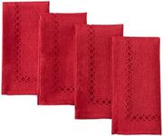 Newbridge Square Fabric Napkins, Set of 4 Napkins, Christmas Provence Lattice Cutwork Solid Color Textured, Water and Stain Resistant Easy Care, Holiday Red