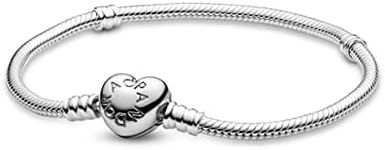 PANDORA Jewelry - Moments Heart Clasp Snake Chain Charm Bracelet for Women in Sterling Silver, 6.7 in / 17 cm, 6.7 inch, Metal, Cubic Zirconia