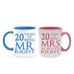 China Anniversary 20 Years of Being Mr Right & Mrs Always Right Set of 2 Wedding, Valentines Day, Coloured Couple Mug Set. (20 Years)