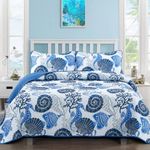 DJY Coastal Quilt Set King Size Summer Beach Themed Quilt Coverlet Set Blue Coral Conch Bedspread with 2 Pillow Shams 3 Pieces Cozy Coastal Bedding Quilt Set for All Season 90"x 104"