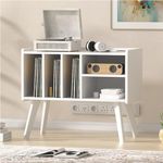 Forevich Large Record Player Stand with Vinyl Storage, Record Storage Cabinet Table with Power Outlet and Wood Legs, Turntable Stand Holder Shelf Holds Up to 220 Albums For Living Room White