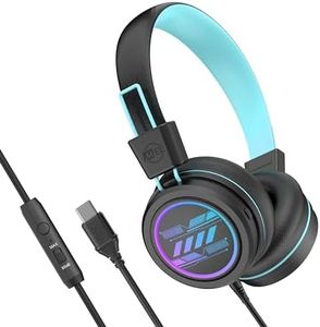 MEE audio KidJamz KJ55 Safe Listening USB-C Headphones for Children with Multicolor LED Lights, Volume Limiter, & Microphone; On-Ear Wired Kid Headset for iPhone 15, iPad, & USB Type C Devices (Black)