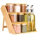 BELLE VOUS 3-Tier Spice Rack with 8 Glass Jars & Oil Dispenser Bottles - Wooden Free Standing Spice Jar Storage Organiser for Kitchen Herbs/Seasonings