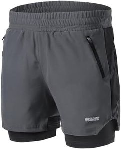 ARSUXEO Men's 2 in 1 Active Running Shorts with 2 Zipper Pockets B191, Dark Grey, Medium