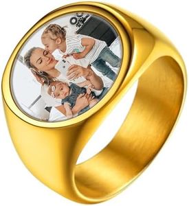 U7 Men 18K Gold Plated Polished Wedding Band Custom Memoril Photo Picture Ring Round Signet Ring, Size 11