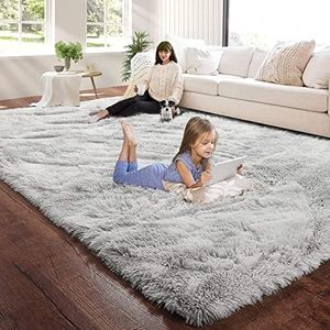 Tenekee Rugs Living Room Fluffy Area Rug for Bedroom Shaggy Carpet Anti Slip Rugs Soft Modern Plush Carpets Suitable for Home Decor (Grey White, 160 * 230cm)