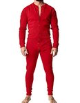 Muscle Alive Mens Long Sleeve Onesie Henley Jumpsuit Stretchy Cotton Ramper Red L